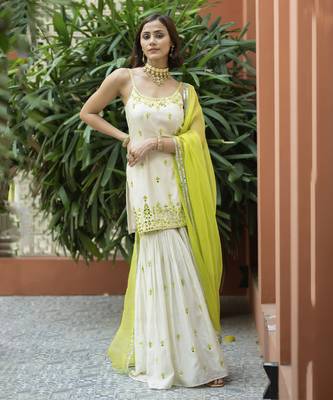 Offwhite green embroidered sharara set 1