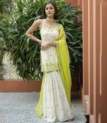 Offwhite green embroidered sharara set