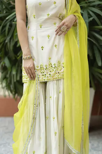 Offwhite green embroidered sharara set
