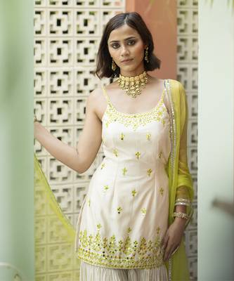 Offwhite green embroidered sharara set 3