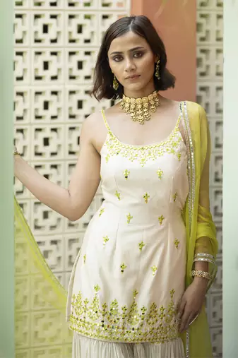 Offwhite green embroidered sharara set