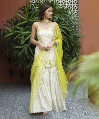 Offwhite green embroidered sharara set 4