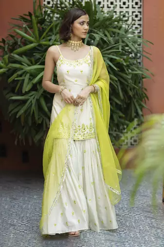 Offwhite green embroidered sharara set