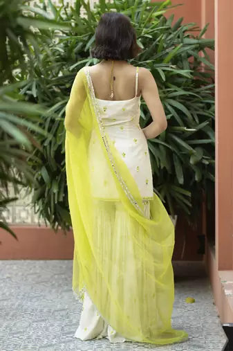 Offwhite green embroidered sharara set
