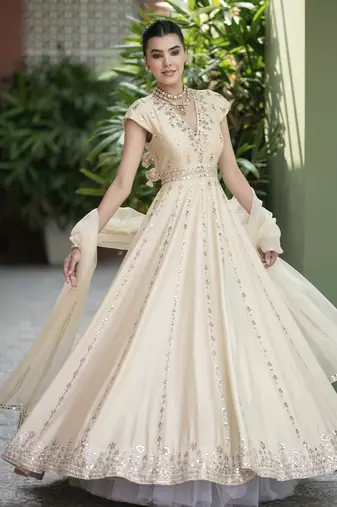 Offwhite mirror embroidered anarkali set