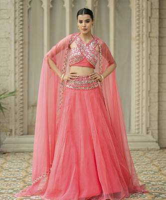 Pink Mirror Embroidered Organza Lehenga Set And Cape 1