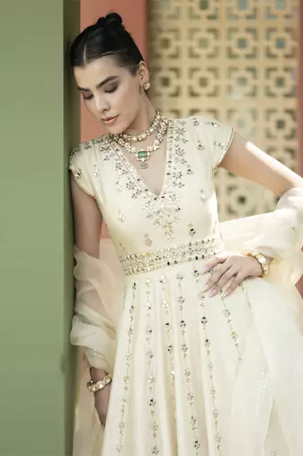 Offwhite mirror embroidered anarkali set