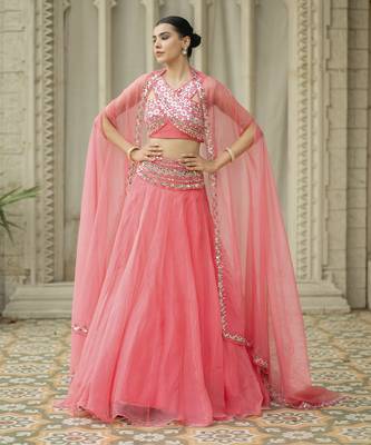 Pink Mirror Embroidered Organza Lehenga Set And Cape 2