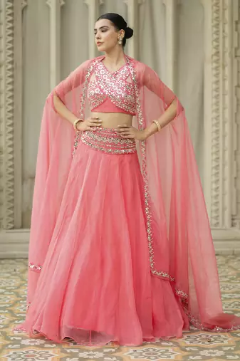 Pink Mirror Embroidered Organza Lehenga Set And Cape