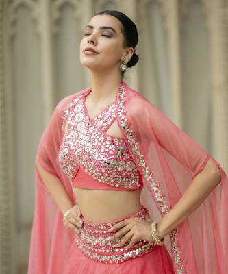 Pink Mirror Embroidered Organza Lehenga Set And Cape 3