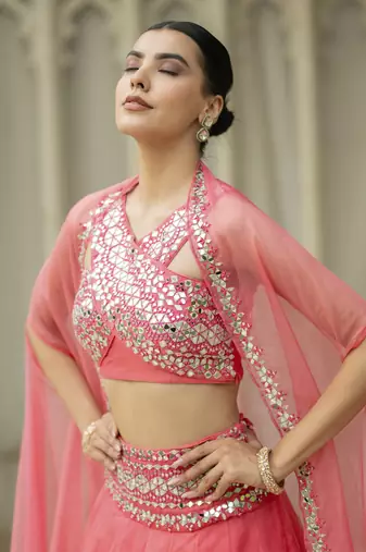 Pink Mirror Embroidered Organza Lehenga Set And Cape