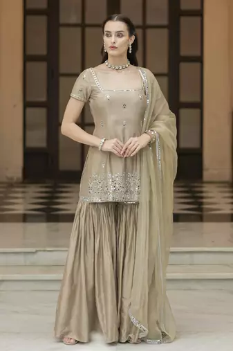 Brown embroidered sharara set