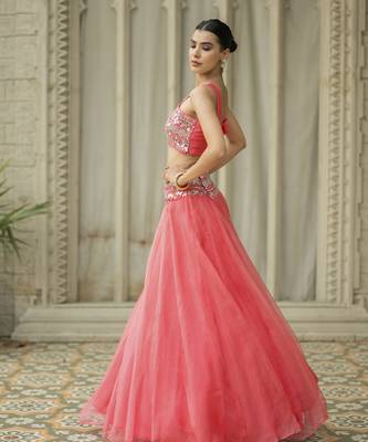 Pink Mirror Embroidered Organza Lehenga Set And Cape 4