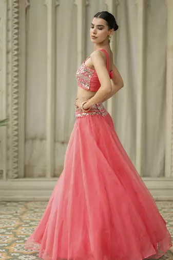 Pink Mirror Embroidered Organza Lehenga Set And Cape