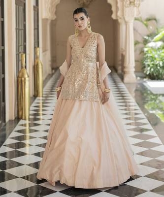 Pink Mirror Embroidered Kurta Paired With Chanderi Lehenga Set 1