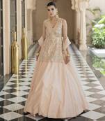 Pink Mirror Embroidered Kurta Paired With Chanderi Lehenga Set