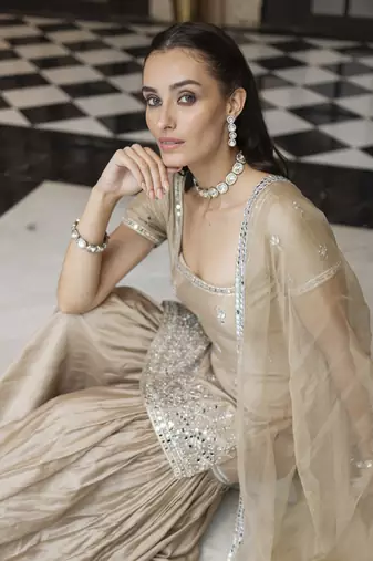Brown embroidered sharara set