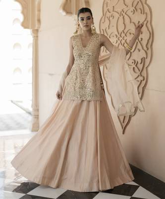 Pink Mirror Embroidered Kurta Paired With Chanderi Lehenga Set 2