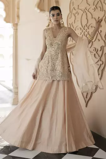 Pink Mirror Embroidered Kurta Paired With Chanderi Lehenga Set