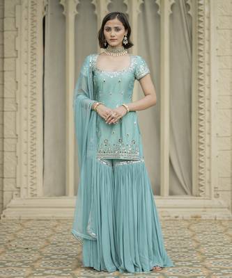 Blue embroidered sharara set 1