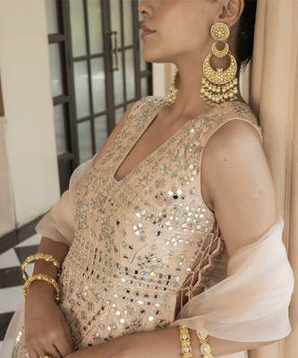Pink Mirror Embroidered Kurta Paired With Chanderi Lehenga Set 3