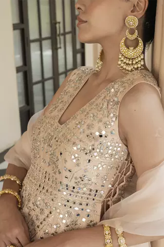 Pink Mirror Embroidered Kurta Paired With Chanderi Lehenga Set