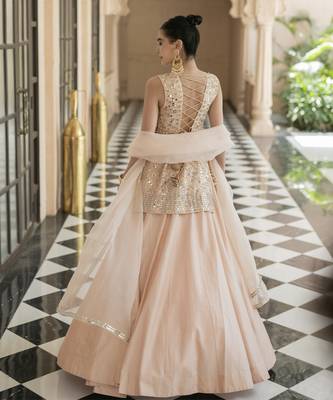 Pink Mirror Embroidered Kurta Paired With Chanderi Lehenga Set 4