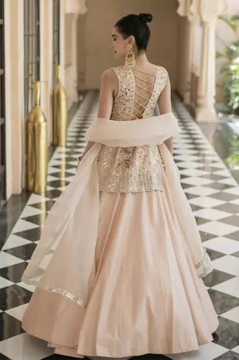 Pink Mirror Embroidered Kurta Paired With Chanderi Lehenga Set