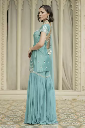 Blue embroidered sharara set