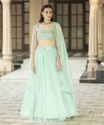 Aqua Blue Mirror Embroidered Organza Lehenga Set And Cape 1