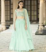 Aqua Blue Mirror Embroidered Organza Lehenga Set And Cape