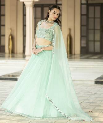 Aqua Blue Mirror Embroidered Organza Lehenga Set And Cape 2