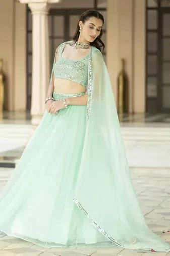 Aqua Blue Mirror Embroidered Organza Lehenga Set And Cape