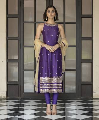 Purple embroidered churidar set 1