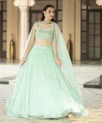 Aqua Blue Mirror Embroidered Organza Lehenga Set And Cape 3