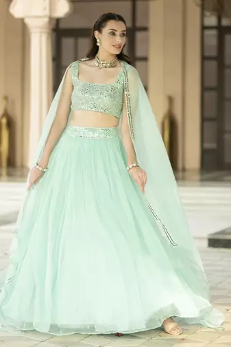 Aqua Blue Mirror Embroidered Organza Lehenga Set And Cape