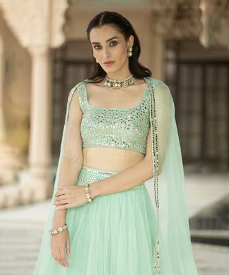 Aqua Blue Mirror Embroidered Organza Lehenga Set And Cape 4