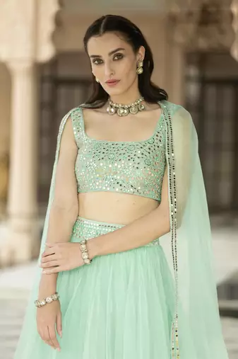 Aqua Blue Mirror Embroidered Organza Lehenga Set And Cape