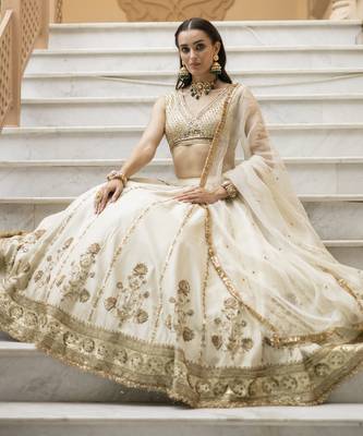 Off White Sequence Embroidered Chanderi Base Lehenga Set 1