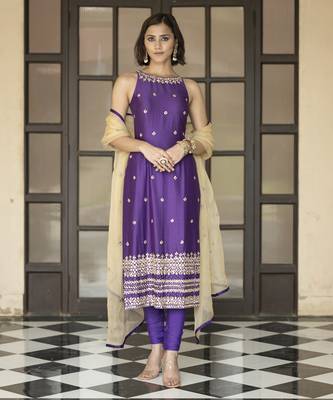Purple embroidered churidar set 3