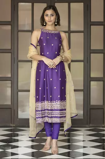 Purple embroidered churidar set