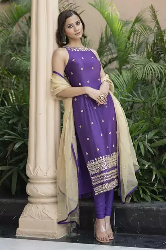 Purple embroidered churidar set