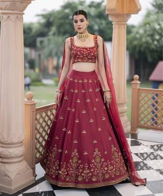 Maroon Chanderi Embroidered Lehenga Set 1