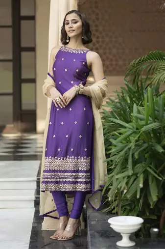 Purple embroidered churidar set