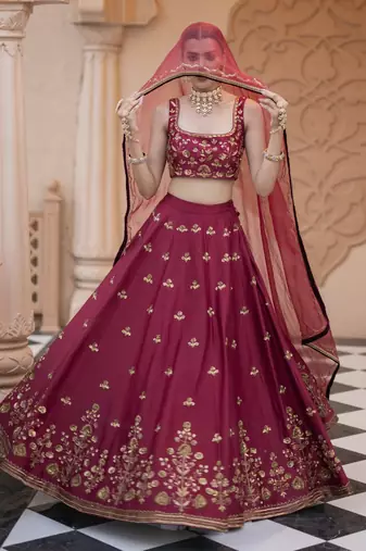 Maroon Chanderi Embroidered Lehenga Set