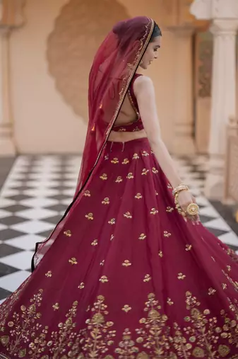 Maroon Chanderi Embroidered Lehenga Set