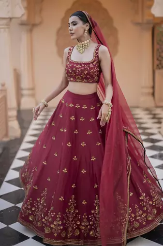 Maroon Chanderi Embroidered Lehenga Set