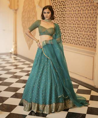 Teal Green Organza Base Embellished With Nakshi And Sequnce Lehenga Set 1