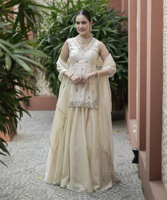 Off White Mirror Embroidered Kurta Paired With Chanderi Lehenga Set 1