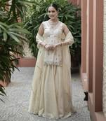 Off White Mirror Embroidered Kurta Paired With Chanderi Lehenga Set